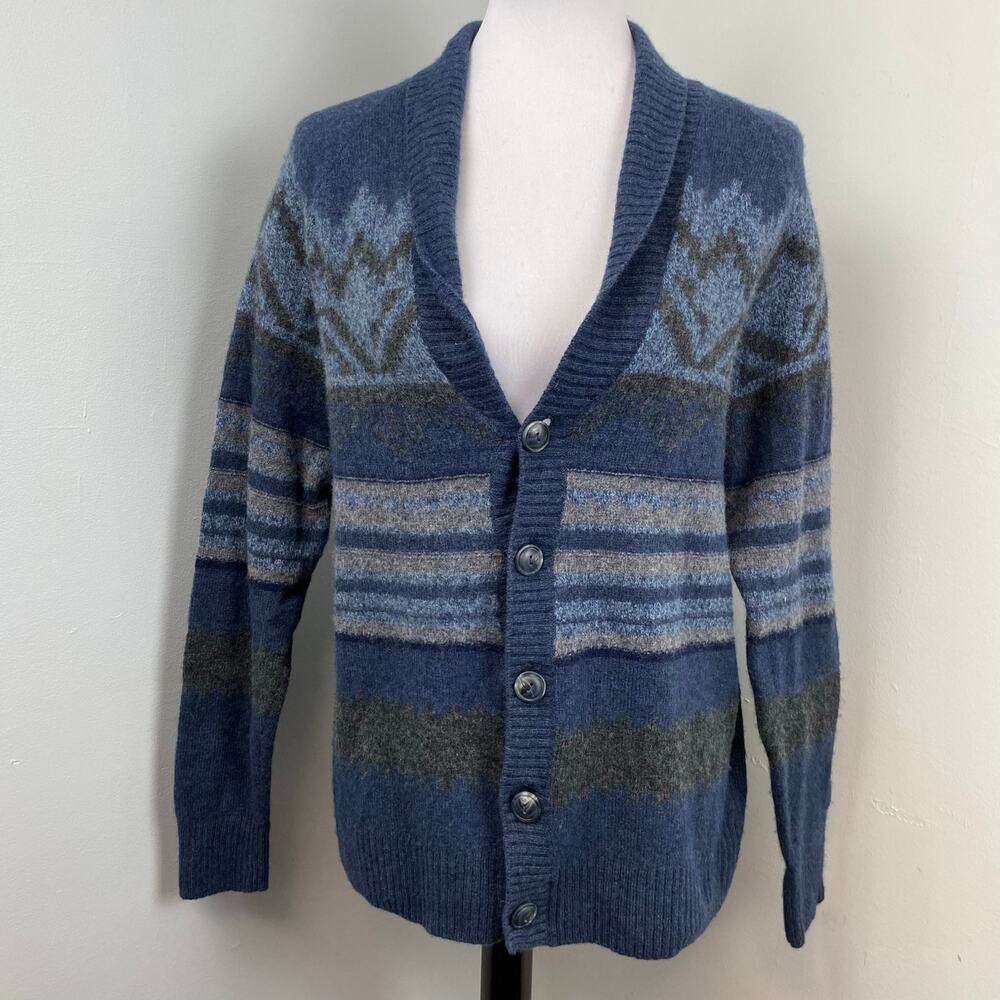 Hudson North Fair Isle Shawl Collar Cardigan Sweater Blue Grey Wool Cotton Large